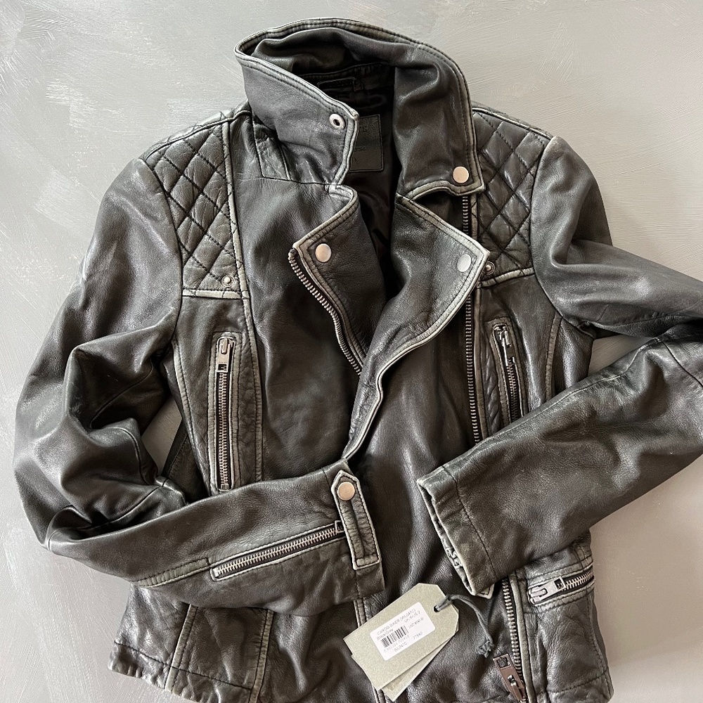 All Saints Leather Cargo Biker Jacket US 2